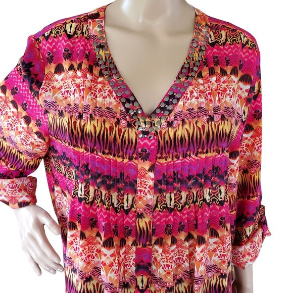 NOTATIONS Tunic Top Women's XL Pullover V Neck Snap Tab Sleeves Aztec Floral - Picture 7 of 12